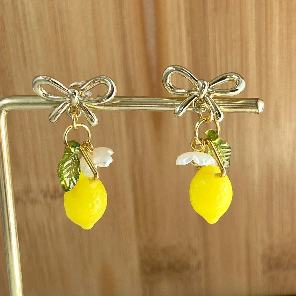 Lemon Fruit Flower‎ Blossom Gold Tone Bow Dangle Drop Earrings - Picture 7 of 10